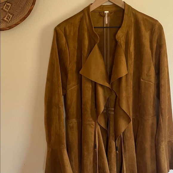 Free People Brown Suede Ruffle-Front Trench Coat - Picture 3 of 7